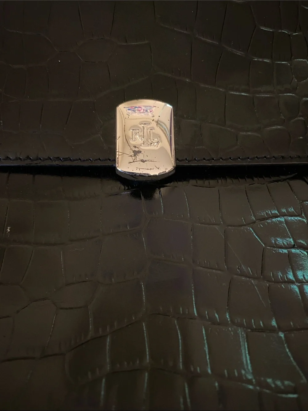Ralph Lauren Black Croc-Embossed Top Handle Satchel